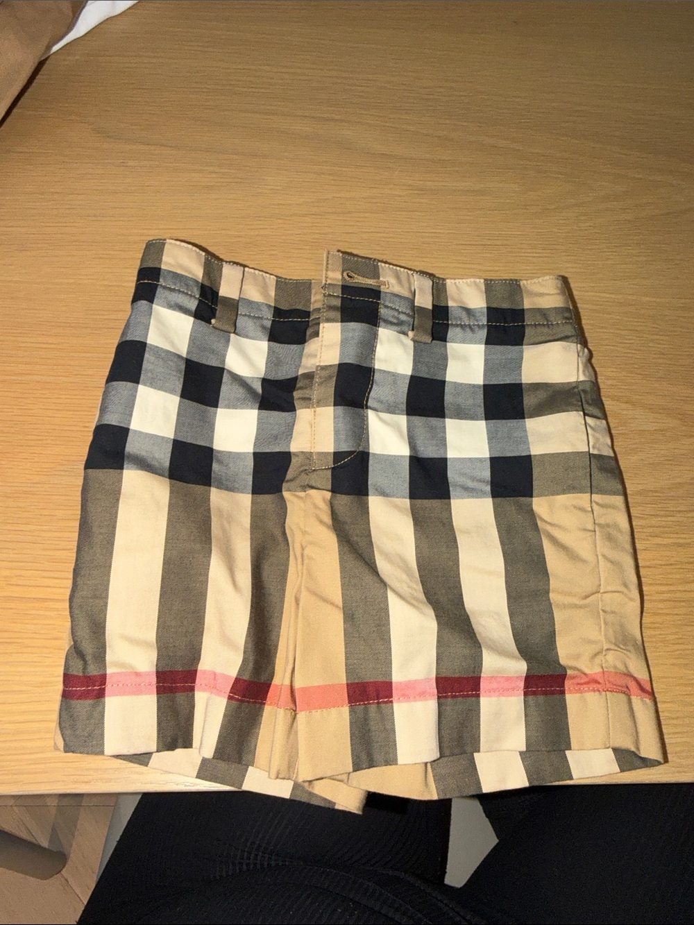 Burberry Beige Plaid Shorts with Red Stripe